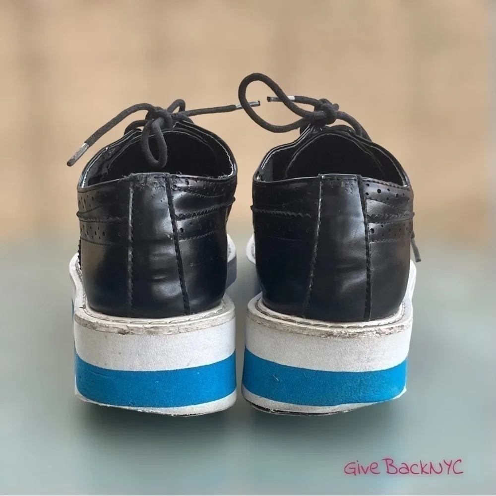 Wingtip Platform Brogues Black White Blue Stripes Size 8